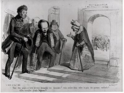 デュマ、フーゴとバルザックがフランスアカデミーへの入学を求めて、「ラモード」のイラスト、1839年11月23日（彫刻）（bw写真） 作： Benjamin Roubaud