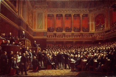 ルイ・アドルフ・ティエール（1797-1877）が、6月16日にヴェルサイユで開かれた国民議会で「領土の解放者」を宣言。 作： Benjamin Ulmann