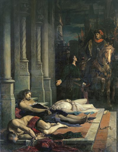 エティエンヌ マルセル (c.1316-58) の遺体は、フランスのドーファン シャルル (1338-80)、将来のシャルル 5 世、1358 年 8 月 2 日 (キャンバスに油彩) に示されています。 作： Benjamin Ulmann
