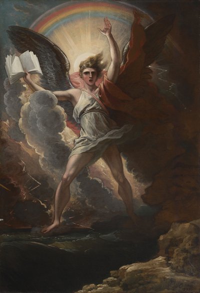 力強い天使が、陸と海の上に立っている 作： Benjamin West