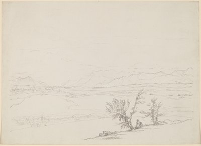 谷を見下ろす木々のそばにカップルが座っているアルプスの風景 作： Benjamin West