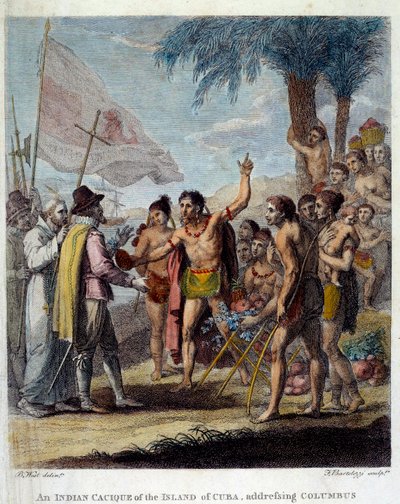 キューバ島のインディアン・カシケが、クリストファー・コロンブス（1451-1506）やヨーロッパの軍人・教会関係者を歓迎し、新しい国家の建設について話し合っている。英国植民地の民衆と商業の歴史」の表紙 作： Benjamin West