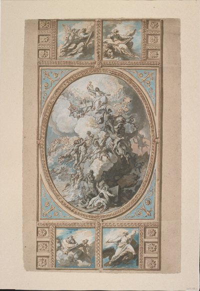 ロイヤルチャペル、ウィンザー城（recto）、c.1779（黒チョーク、ペン＆ブラウンインク＆水彩）の天井装飾のデザイン、ホワイト、グレー、ブルーのボディカラーとブラウンウォッシュのタッチで強調 作： Benjamin West