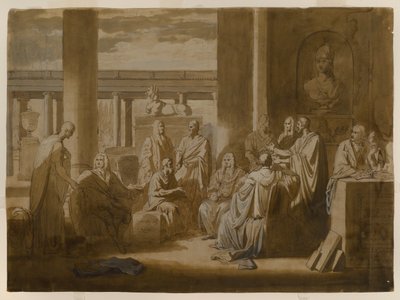 Know Thy Self、1768（アイアンゴールウォッシュインク、オイルインパスト＆アイボリーレイドペーパーでのウォッシュ） 作： Benjamin West