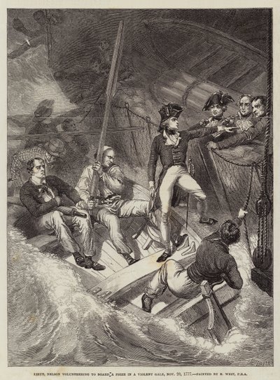 1777年11月20日、ネルソン中尉が暴力的な強風で賞を受賞するよう志願 作： Benjamin West