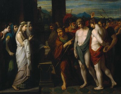 イフィゲニアの前に犠牲者としてもたらされたピラデスとオレステス 作： Benjamin West