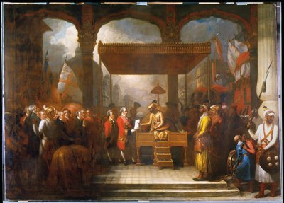 1765年8月、クライブ卿にディワニの許可を伝えるシャーアラム（キャンバスに油彩） 作： Benjamin West