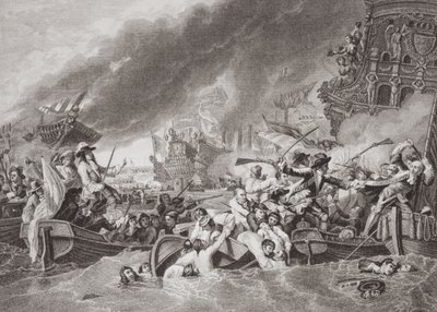 「イギリスとスコットランドの歴史の図解」第II巻、1692年5月22日、フランスの艦隊の破壊、ラホグの戦い 作： Benjamin West