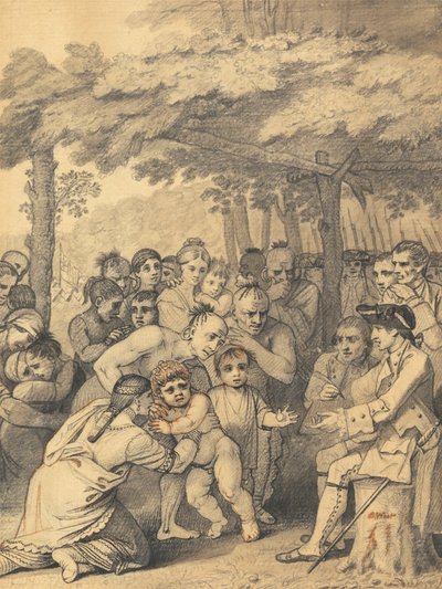 1764 年 11 月、1765 年 11 月、北アメリカのマスキンガムの人々にあるキャンプの近くでブーケ大佐にイギリス人の捕虜を引き渡すインディアン 作： Benjamin West