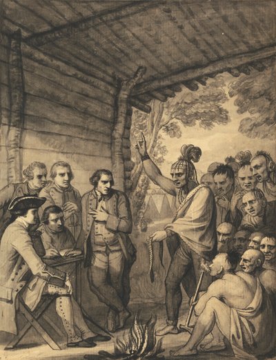 Intiaanit puhuvat eversti Bouquetille konferenssissa neuvoston tulipalossa lähellä hänen leiriään Muskingumin rannoilla Amerikassa, lokakuussa 1764, 1765 作： Benjamin West