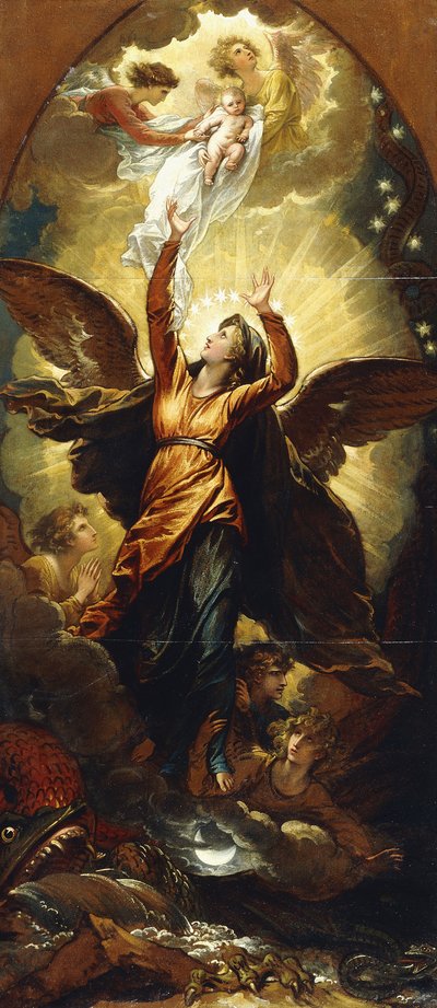 "ドラゴンの迫害から太陽の羊毛を着た女性"、 作： Benjamin West