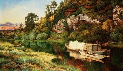 うなぎの罠を作る漁師のいる川の風景 作： Benjamin Williams Leader
