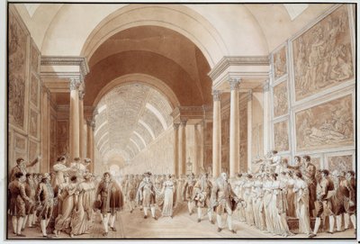 ナポレオン1世（1769-1821）とハプスブルク＝ロレーヌ大公妃マリー・ルイーズ（1791-1847）の花嫁行列の図 1810年2月4日 ルーヴル美術館大回廊 版画：ベンジャミン・ジックス（1772-1811） 1810年 薄さ。0.4x0.6 m パリ、ルーヴル美術館 作： Benjamin Zix