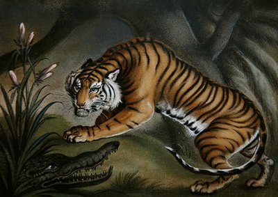 タイガーとクロコダイル 1810年頃 （板に砂絵） 作： Benjamin Zobel