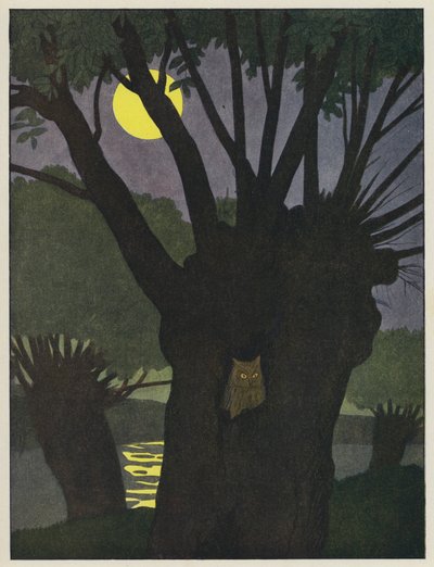 月明かりに照らされた夜の木の穴にフクロウ 作： Benjamin Rabier