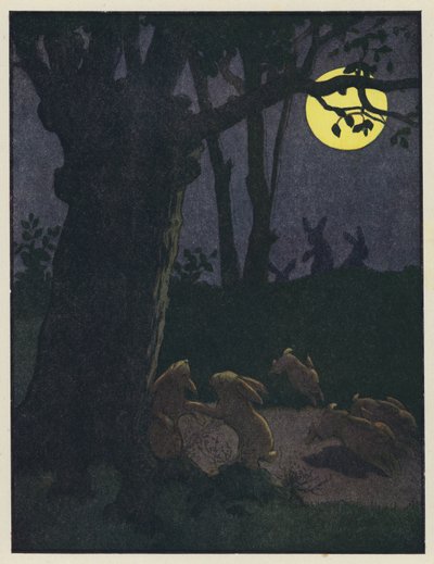 月明かりに照らされた夜に木の下でウサギ 作： Benjamin Rabier