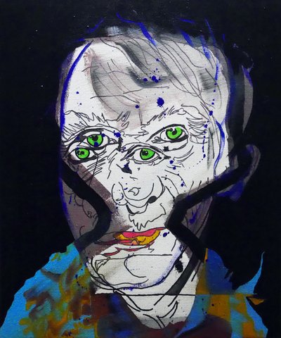 50 Major Writers In History : Michel Houellebecq, 2015 (キャンバスに油彩、アクリル) 作： ブノワ・エルワン・ブシュロ