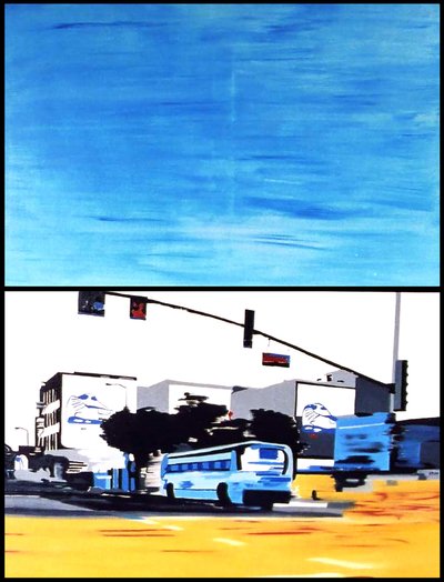 青いバスが私たちを呼んでいる, 2003 (油彩、キャンバス2枚並置) 作： Benoit Erwann Boucherot