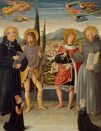 トレンティーノの聖ニコラス、ロッチ、セバスチャン、シエナのベルナルディーノ...、1481年。 作： Benozzo Gozzoli