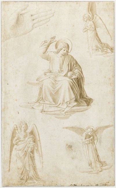 15世紀後半の手、3人の天使、キリストの救世主ムンディとしての研究 作： Benozzo Gozzoli