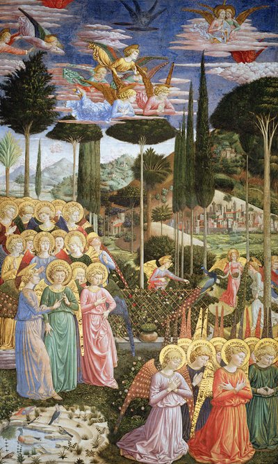 天国の風景の中の天使、後陣の左側の壁、チャペルc.1460（詳細は83051を参照）のマギサイクルの旅から 作： Benozzo di Lese di Sandro Gozzoli