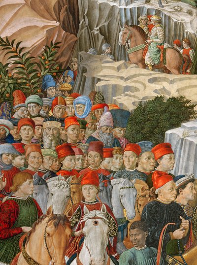 行列の顔、ゴッツォーリの自画像（金の碑文が赤い帽子をかぶっている：Opus Benotii）、礼拝堂のマジジャーニーの旅の詳細、c.1460（d 作： Benozzo di Lese di Sandro Gozzoli