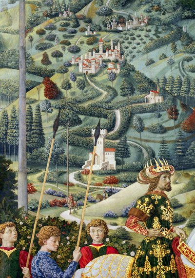 幻想的な風景、チャペルのマギサイクルの旅の詳細、1460年頃 作： Benozzo di Lese di Sandro Gozzoli