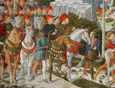 ガレアッツォマリアスフォルツァ、ミラノ公爵（1444-76）、左端、茶色の馬、シギスモンドパンドルフォマラテスタ、リミニ（1417-68）の支配者、灰色の馬に乗って、Jの旅の詳細 作： Benozzo di Lese di Sandro Gozzoli