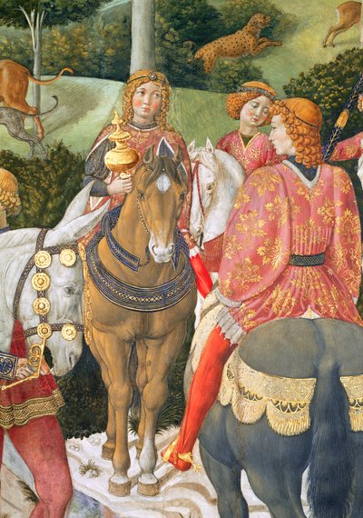 王室の側近の騎士、礼拝堂のマギサイクルの旅の詳細、1460年頃のフレスコ画70601の詳細 作： Benozzo di Lese di Sandro Gozzoli