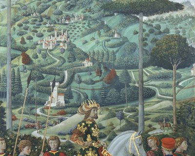 東ローマ皇帝ヨハネ7世パレオロゴス（1391-1448）、三王の一人バルタザール役、礼拝堂の「マギの旅」連作の細部、1460年頃（フレスコ画） 作： Benozzo di Lese di Sandro Gozzoli