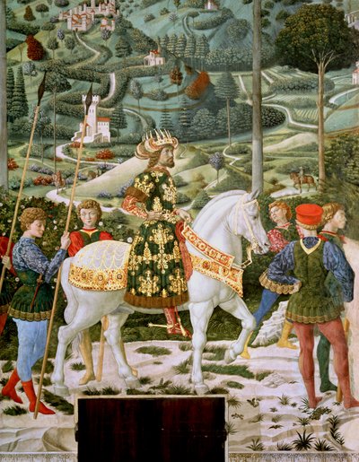 ジョン7世古代（1391-1448）、東ローマ皇帝、3人の王の1人、礼拝堂のマギサイクルの旅の詳細、1460年頃 作： Benozzo di Lese di Sandro Gozzoli