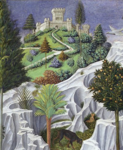 城のある風景、マギ王の行列からベツレヘムへの詳細 作： Benozzo di Lese di Sandro Gozzoli