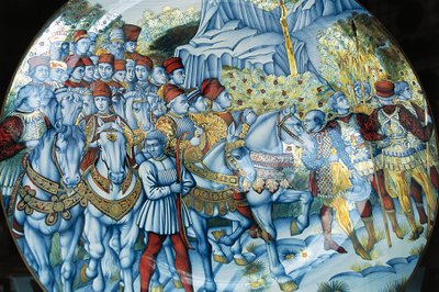 ベノッツォ・ゴッツォーリ（1420～1497年頃）作「マギの行列」マジョリカ皿 イタリア、ウンブリア州、グアルド・タディーノ工芸品 作： Benozzo di Lese di Sandro Gozzoli