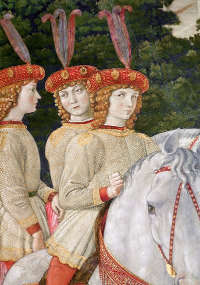 マリア（b.1460）、ビアンカ（1461-88）、ナンニーナ（1463-93）メディチ、ロレンツォ（1449-92）とジュリアーノ（1453-78）の妹で、礼拝堂のマギサイクルの旅の詳細、c.1460（de 作： Benozzo di Lese di Sandro Gozzoli