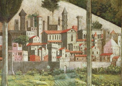 中世の町、礼拝堂のマギサイクルの旅の詳細、1460年頃のフレスコ画70610の詳細 作： Benozzo di Lese di Sandro Gozzoli
