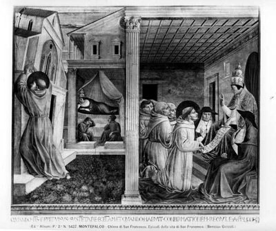 規則を承認する教皇インノセント3世（フレスコ画）（モノクロ写真 作： Benozzo di Lese di Sandro Gozzoli