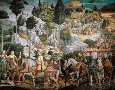 ベツレヘムに向かうマギの王たちの行列」ベノッツォ・ゴッツォーリ（1420-1497）作、壁にフレスコ画、テンペラ画、油彩画、フィレンツェ、リッカルディ宮の礼拝堂。 作： Benozzo di Lese di Sandro Gozzoli