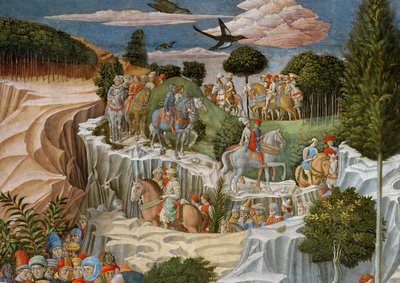 坂を下る馬の行列、礼拝堂のマギジャーニーサイクルの詳細、1460年頃のフレスコ画70619の詳細 作： Benozzo di Lese di Sandro Gozzoli