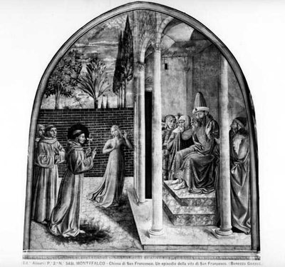 スルタンの前の聖フランチェスコ（フレスコ画）（モノクロ写真） 作： Benozzo di Lese di Sandro Gozzoli