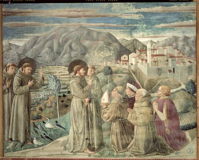 鳥に説教し祝福する聖フランシス、モンテファルコ、1452 作： Benozzo di Lese di Sandro Gozzoli