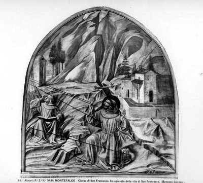聖痕を受ける聖フランシスコ（フレスコ画）（モノクロ写真 作： Benozzo di Lese di Sandro Gozzoli