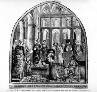 グレッチオの子守唄を歌う聖フランチェスコ（フレスコ画）（モノクロ写真 作： Benozzo di Lese di Sandro Gozzoli