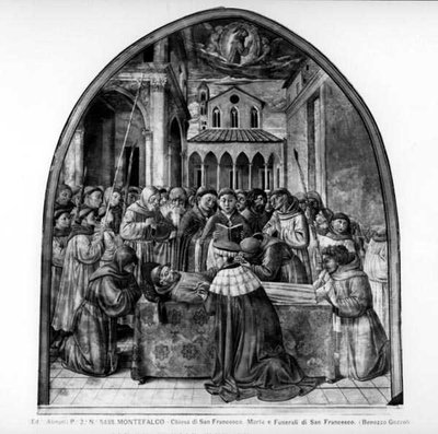 聖フランシスコの埋葬儀礼」（フレスコ画）（モノクロ写真） 作： Benozzo di Lese di Sandro Gozzoli