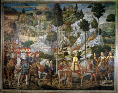 マギの旅イタリア語で「Viaggio dei Magi」または「Cavalcata dei Magi」と呼ばれるエルサレム・ア・ベツレヘムのマギの巡礼。風景の詳細。ベノッツォ・ディ・レーゼ・サンドロ・ディット・ベノッツォ・ゴッツォーリ（1421-14）の「マギの礼拝堂」の東壁のフレスコ画 作： Benozzo di Lese di Sandro Gozzoli