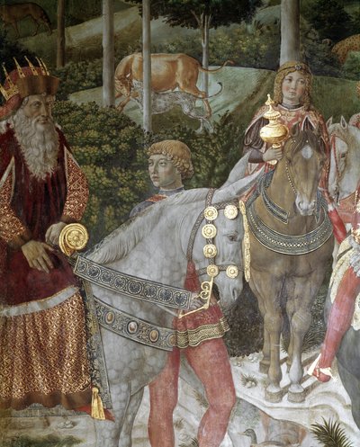 マギの旅」。1261年から1276年の間にコンスタンティノープルの総主教となったヨセフを表す詳細 - フレスコ画 作： Benozzo di Lese di Sandro Gozzoli