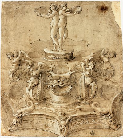 六角形のサリエール。ベンヴェヌート・チェッリーニ（1500-1571）のデッサン フィレンツェ、ウフィッツィ美術館、Gabinetto Disegni e Stampe 作： Benvenuto Cellini