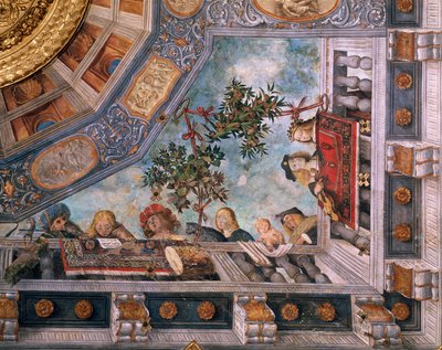 ガロファロ（1481-1559）作「バルコニーの女性、音楽家、キューピッド」天井フレスコ画の詳細 イタリア、フェラーラのルドヴィーコ・イル・モーロ宮殿またはコスタビリ宮殿の宝物庫の部屋 作： Benvenuto Tisi da Garofalo