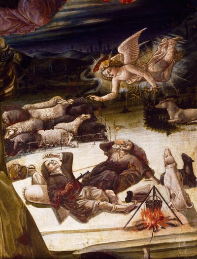 天使と羊飼い、ベンヴェヌート・ディ・ジョヴァンニ（1436-1518年頃）作、木に描かれた「キリスト降誕」の祭壇画の細部。 作： Benvenuto di Giovanni