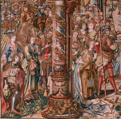 フランダースのタペストリー。 シリーズ ザ・オナーズ。 信仰（ラ・フェ）。 シリーズ初のタペストリー。 Bernard van Orley と Jan Gossaert (Mabuse) のサークルのモデル漫画家。 ブリュッセルのピーター・ファン・アールストのマニュファクチュール。 1550年頃。生地 ゴールド、シルバー、シルク、ウール。 作： Bernaert van (circle of) Orley