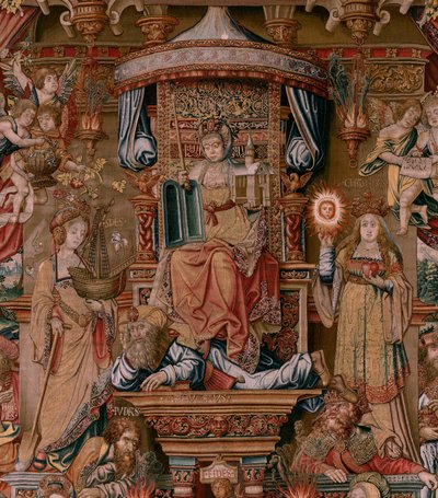 フランダースのタペストリー。 シリーズ ザ・オナーズ。 信仰（ラ・フェ）。 シリーズ初のタペストリー。 Bernard van Orley と Jan Gossaert (Mabuse) のサークルのモデル漫画家。 ブリュッセルのピーター・ファン・アールストのマニュファクチュール。 1550年頃。生地 ゴールド、シルバー、シルク、ウール。 作： Bernaert van (circle of) Orley